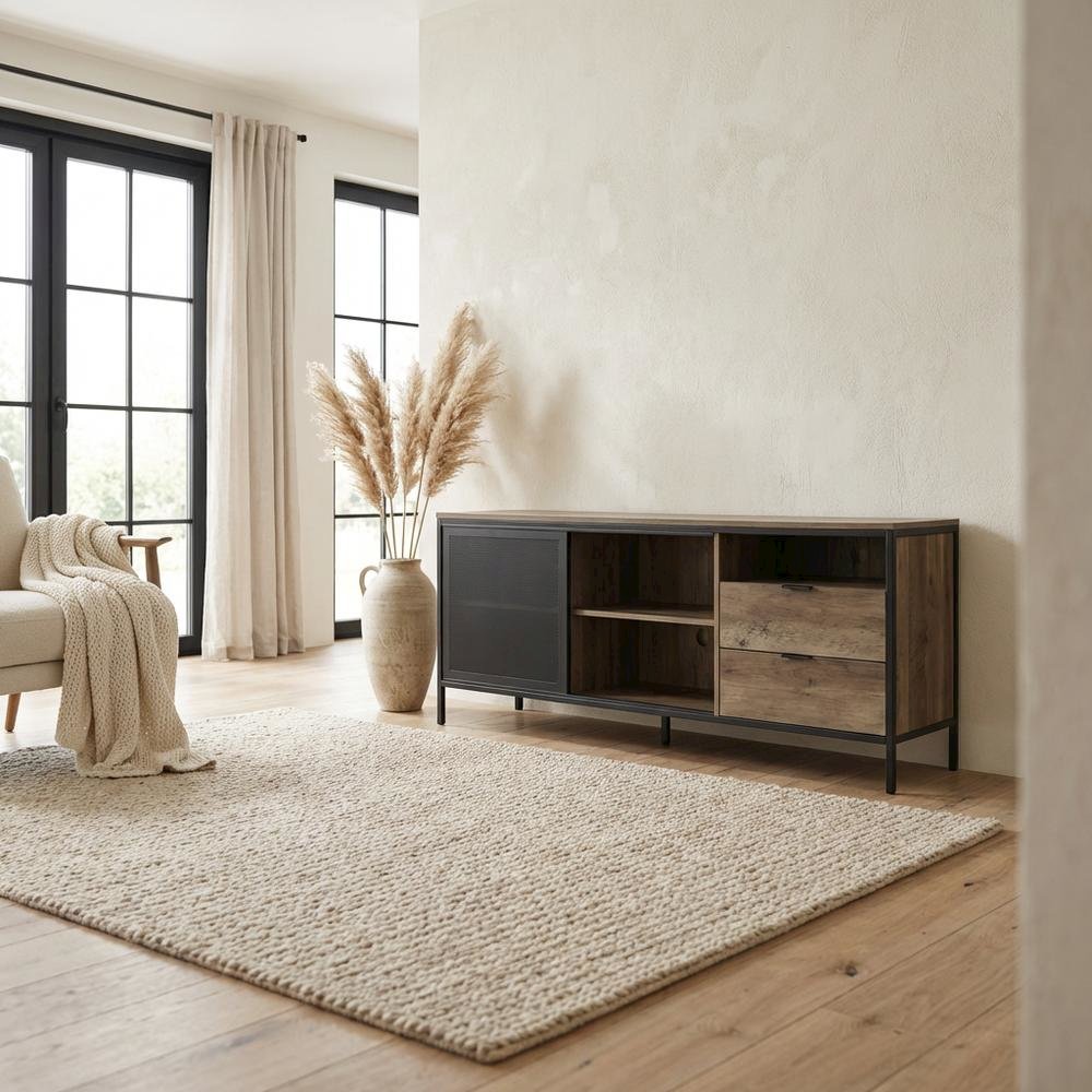 Industrial TV stand, Rustic Oak, Black finish, Composite wood, metal