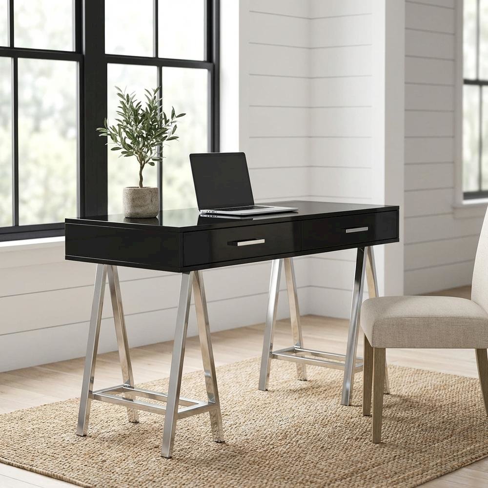 Black High Gloss And Chrome Finish Office Desk With Built-In Usb Port