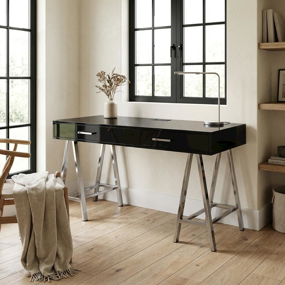 Black High Gloss And Chrome Finish Office Desk With Built-In Usb Port
