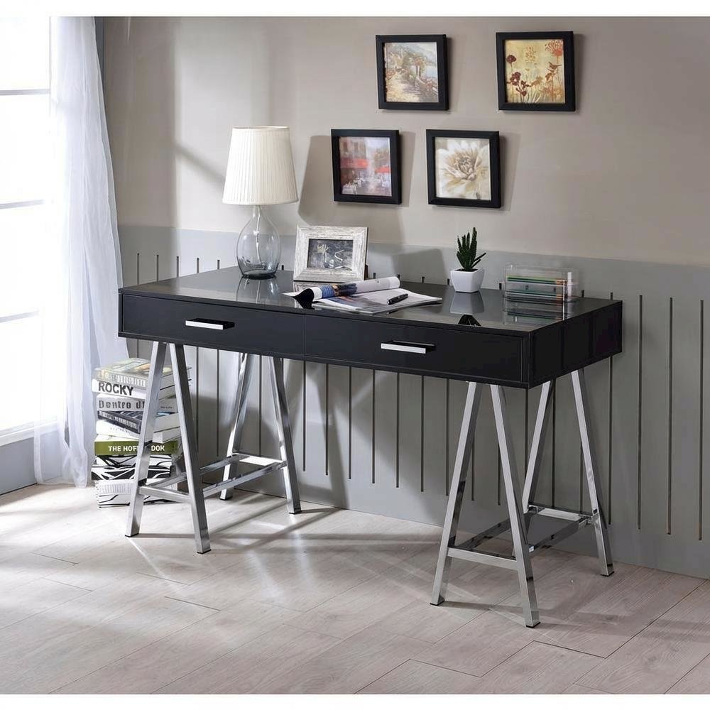 Black High Gloss And Chrome Finish Office Desk With Built-In Usb Port