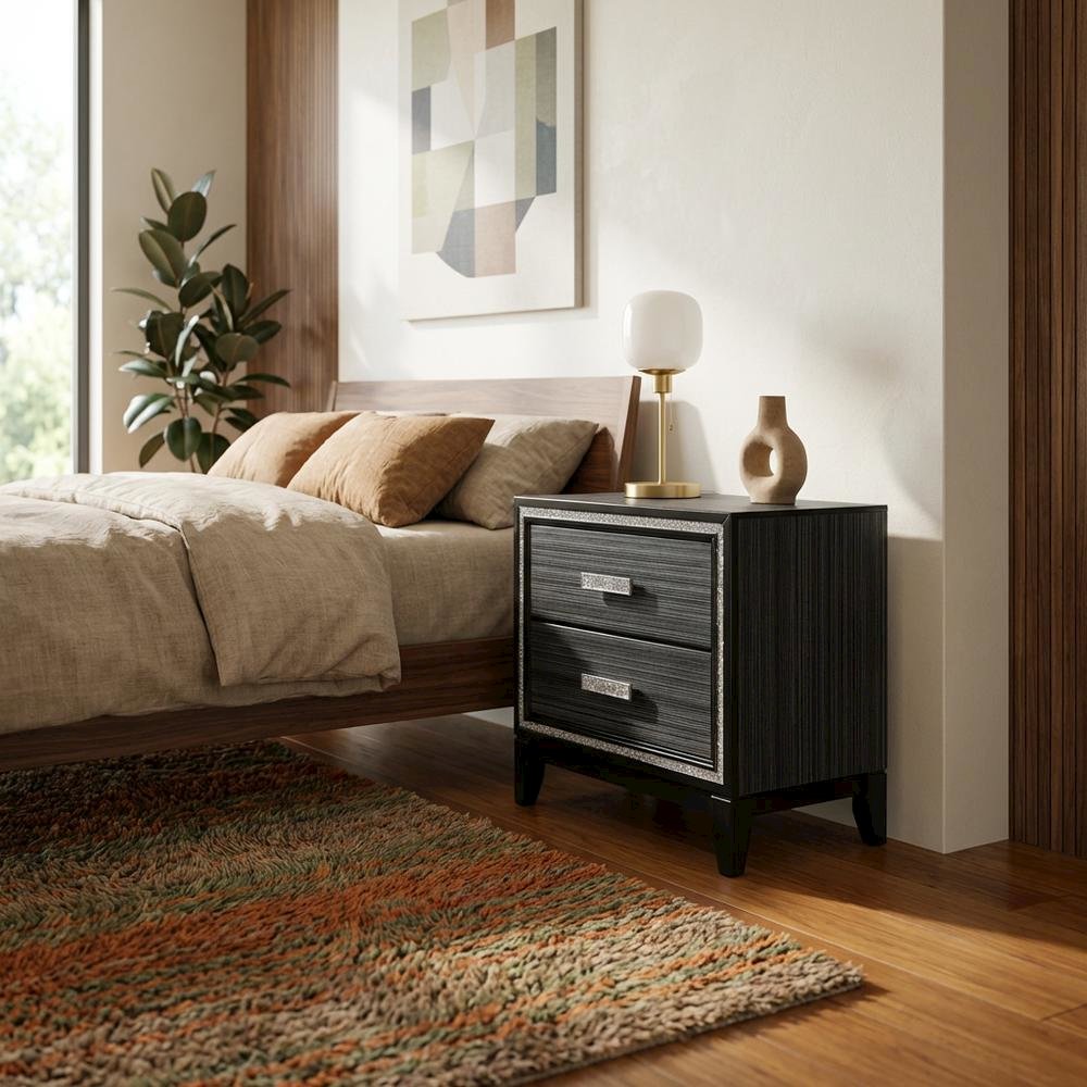 Weathered Black Nightstand with Wooden Construction and Compact Design