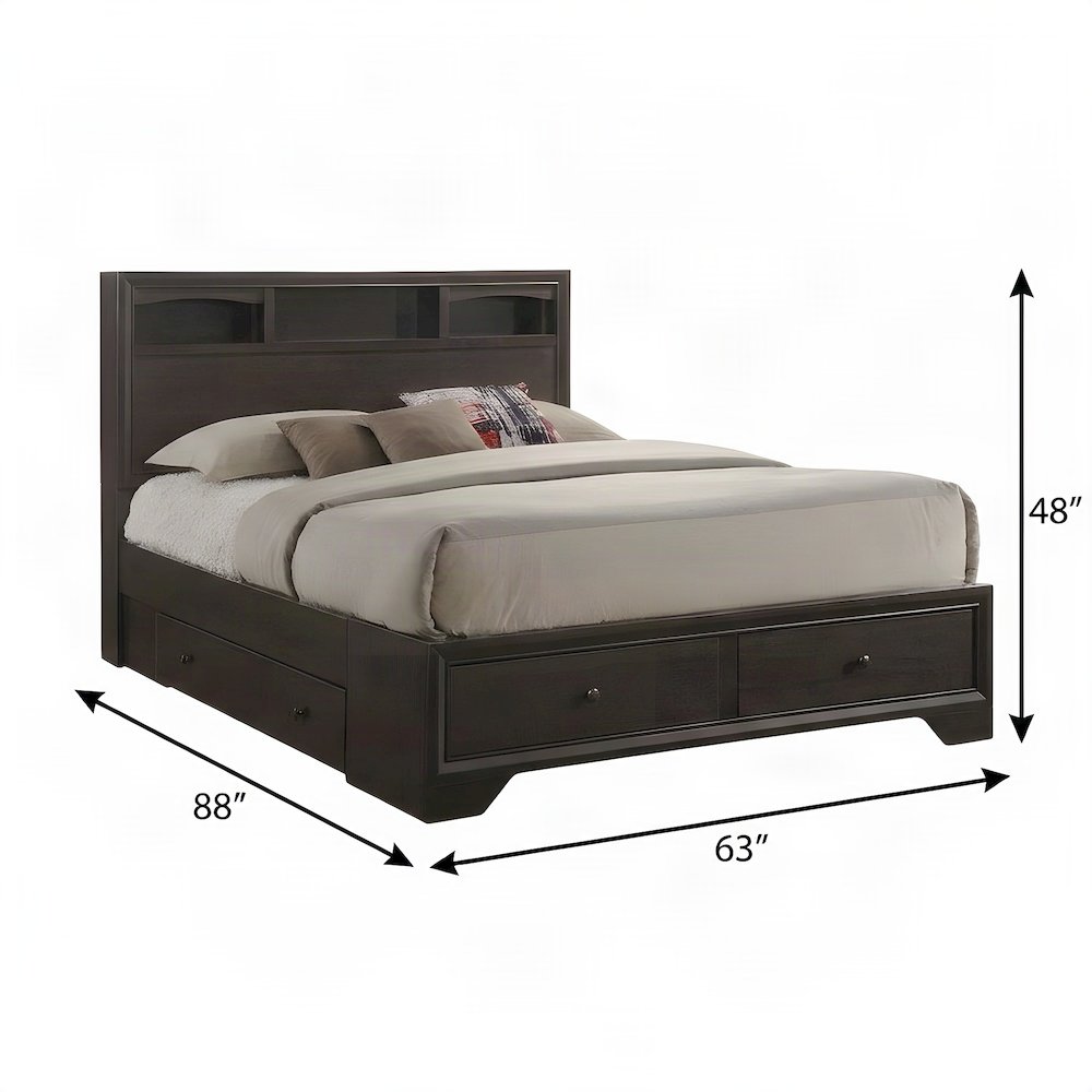 Wood Veneer Queen Bed Frame with Headboard and 4-Drawer Storage, Espresso