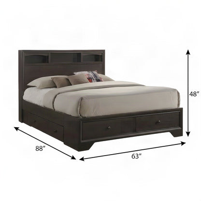 Wood Veneer Queen Bed Frame with Headboard and 4-Drawer Storage, Espresso
