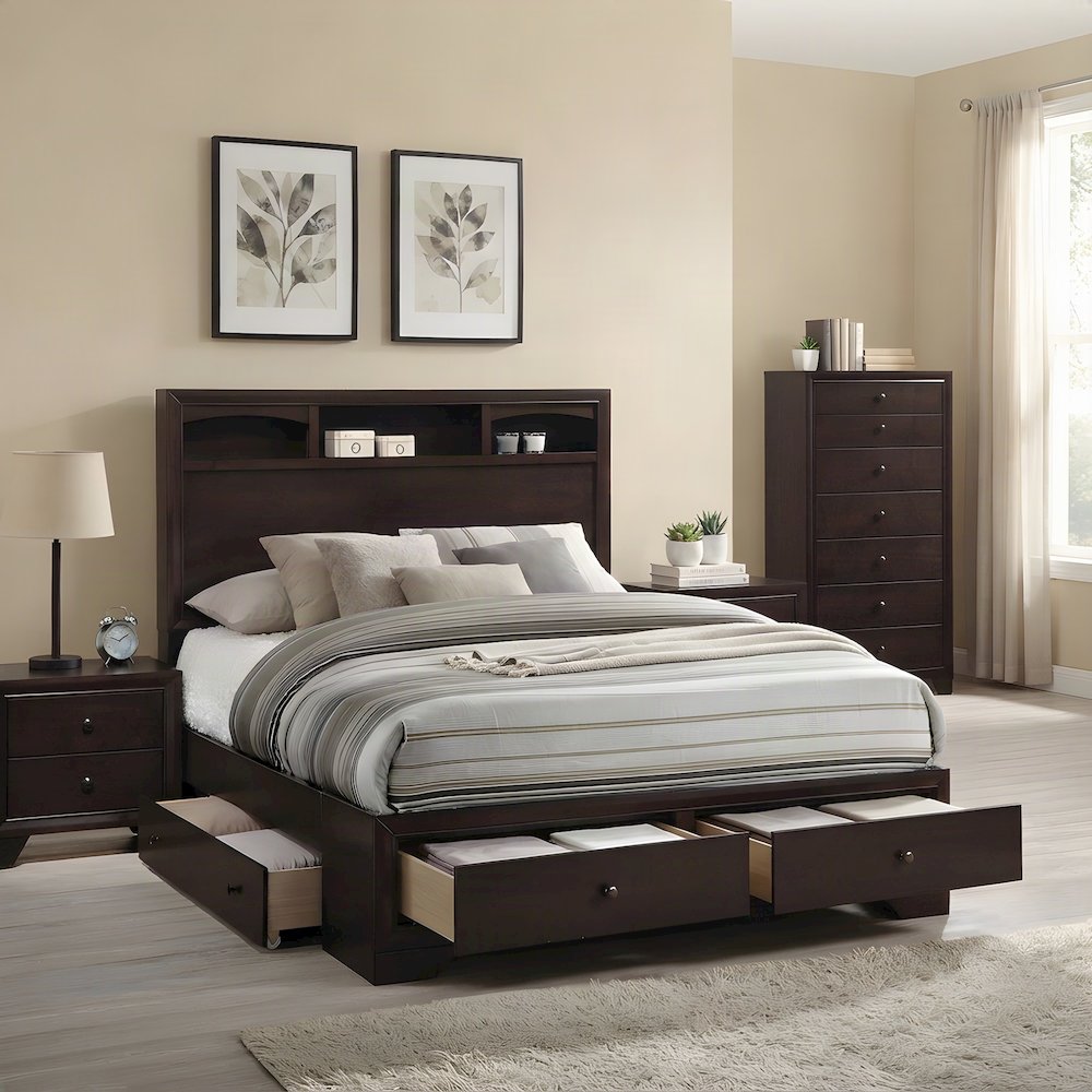 Wood Veneer Queen Bed Frame with Headboard and 4-Drawer Storage, Espresso