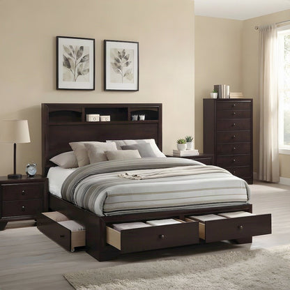Wood Veneer Queen Bed Frame with Headboard and 4-Drawer Storage, Espresso