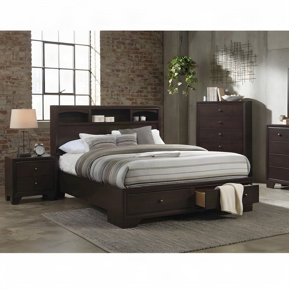 Wood Veneer Queen Bed Frame with Headboard and 4-Drawer Storage, Espresso