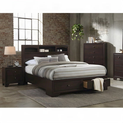 Wood Veneer Queen Bed Frame with Headboard and 4-Drawer Storage, Espresso