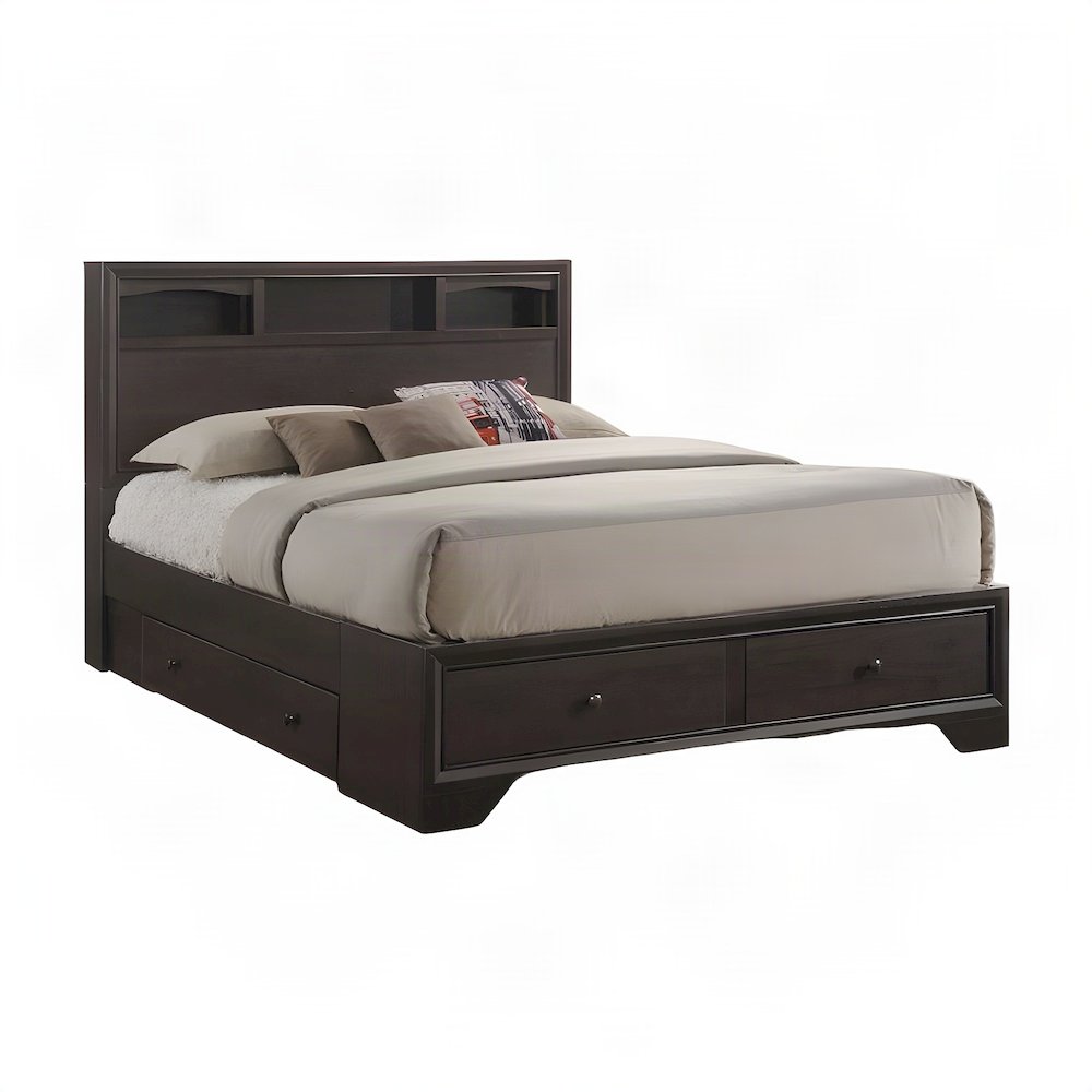 Wood Veneer Queen Bed Frame with Headboard and 4-Drawer Storage, Espresso