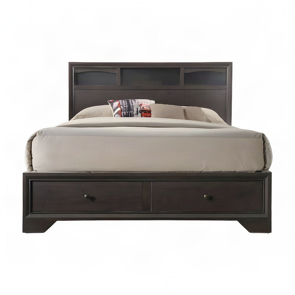 Wood Veneer Queen Bed Frame with Headboard and 4-Drawer Storage, Espresso
