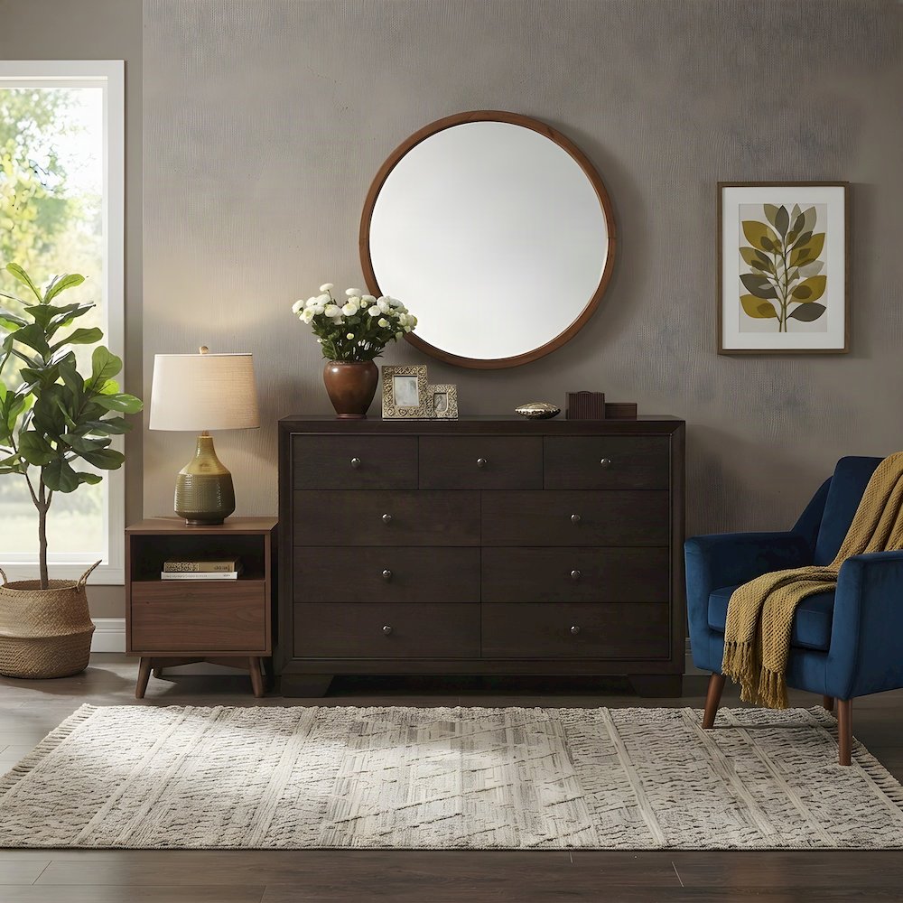 Wood Veneer 9-Drawer Dresser, Wide Chest of Drawers for Bedroom, Espresso