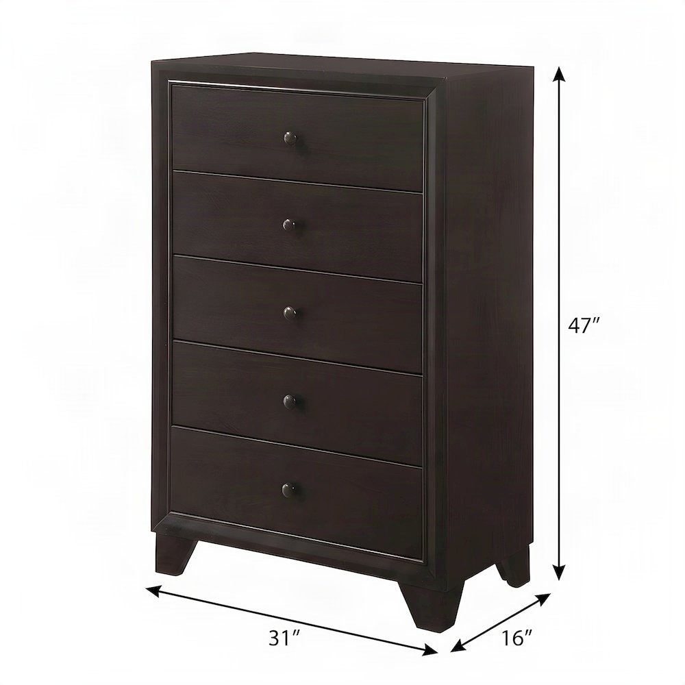 Wood Veneer 5-Drawer Tall Dresser, Transitional Chest of Drawers, Espresso