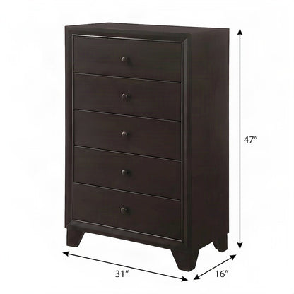 Wood Veneer 5-Drawer Tall Dresser, Transitional Chest of Drawers, Espresso