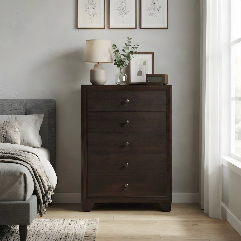 Wood Veneer 5-Drawer Tall Dresser, Transitional Chest of Drawers, Espresso