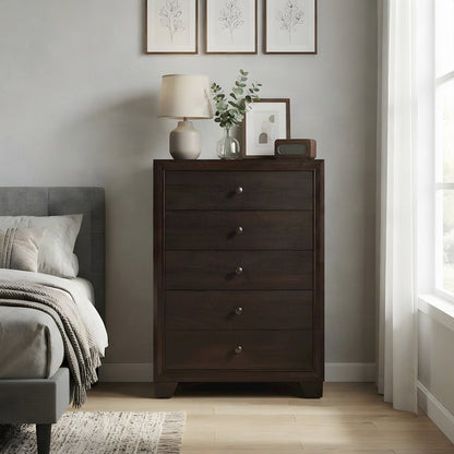 Wood Veneer 5-Drawer Tall Dresser, Transitional Chest of Drawers, Espresso