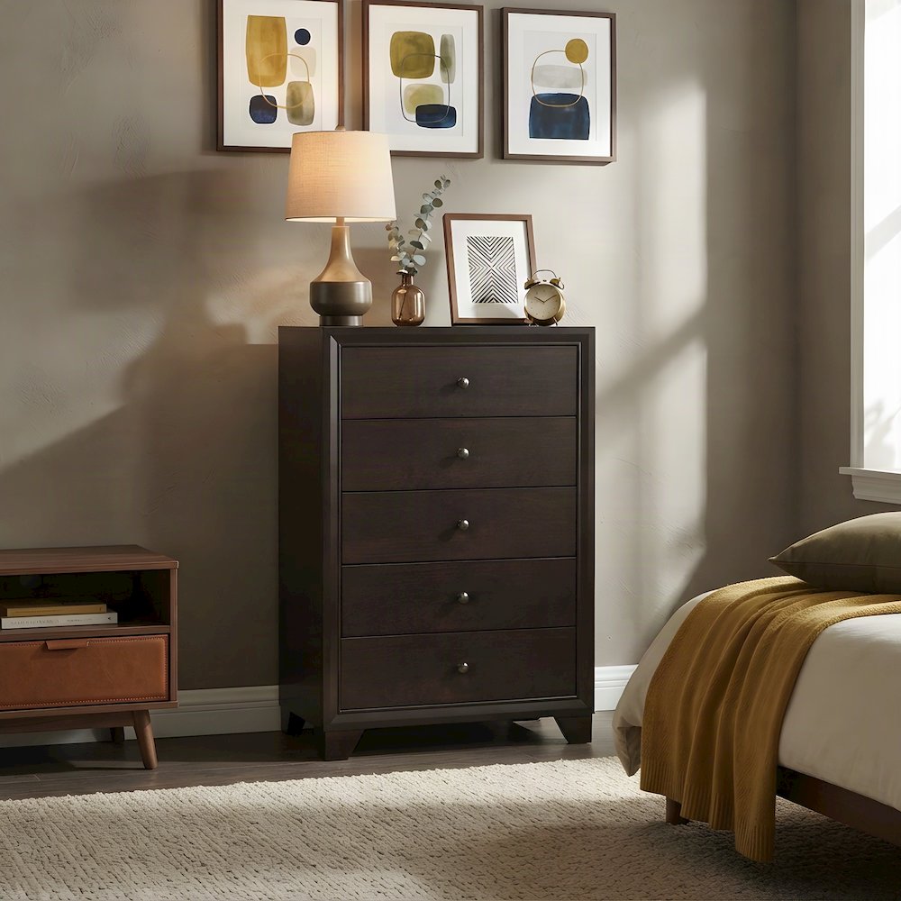 Wood Veneer 5-Drawer Tall Dresser, Transitional Chest of Drawers, Espresso