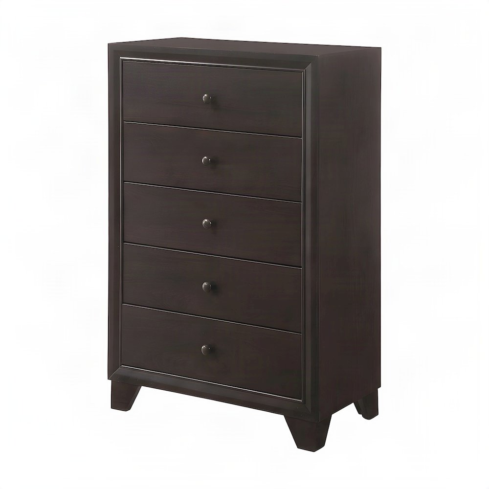 Wood Veneer 5-Drawer Tall Dresser, Transitional Chest of Drawers, Espresso