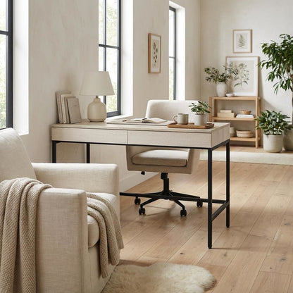Black And Multi Office Desk With Metal Tube Frame And Laminate Surface