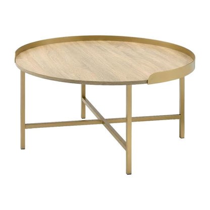 Oak Table Top Coffee Table with Gold Finish and Wood Metal Frame