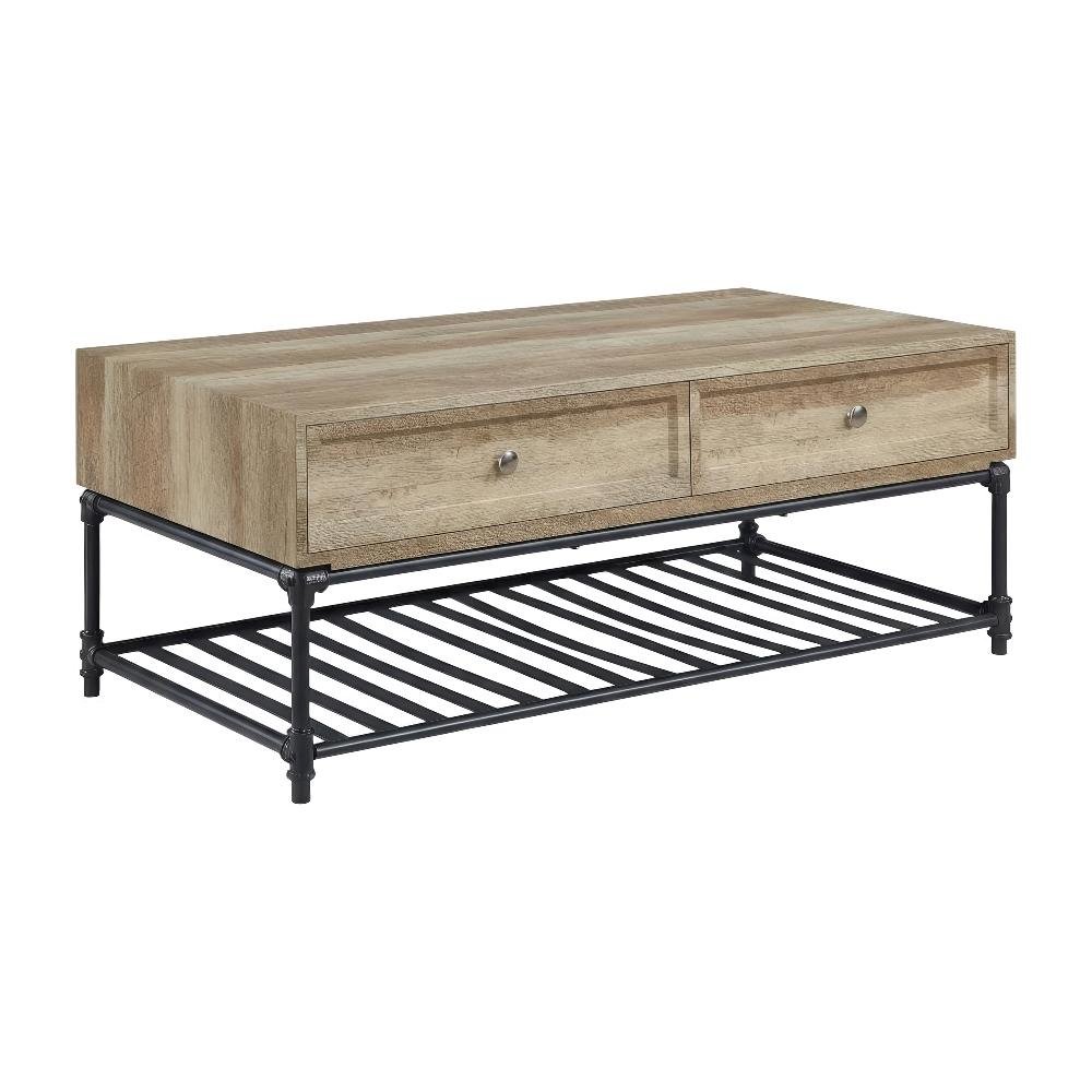 Oak and Sandy Black Finish Rectangular Coffee Table Industrial Metal MDF Veneer