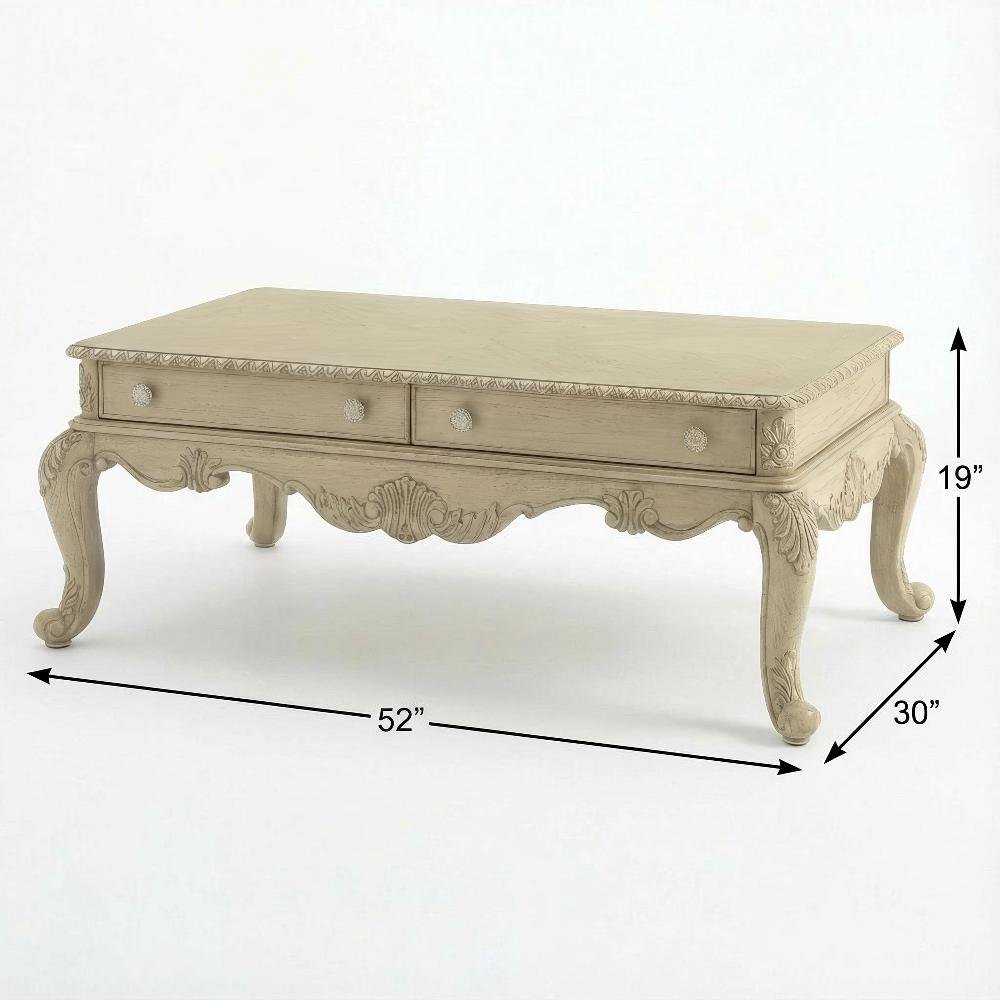 Coffee Table Antique White Wood Veneer Surface with Durable MDF and Poly-Resin
