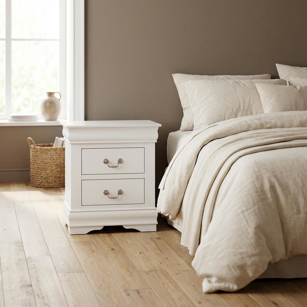 White Traditional Nightstand with Brushed Nickel Handle, Solid Wood Construction