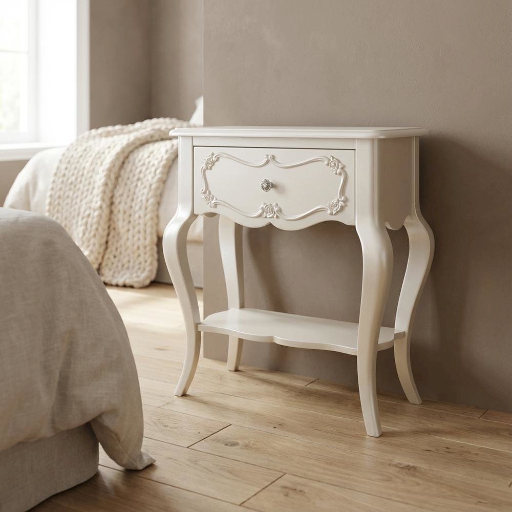 Pearl White Nightstand with Modern Bedroom Storage and Sleek Design