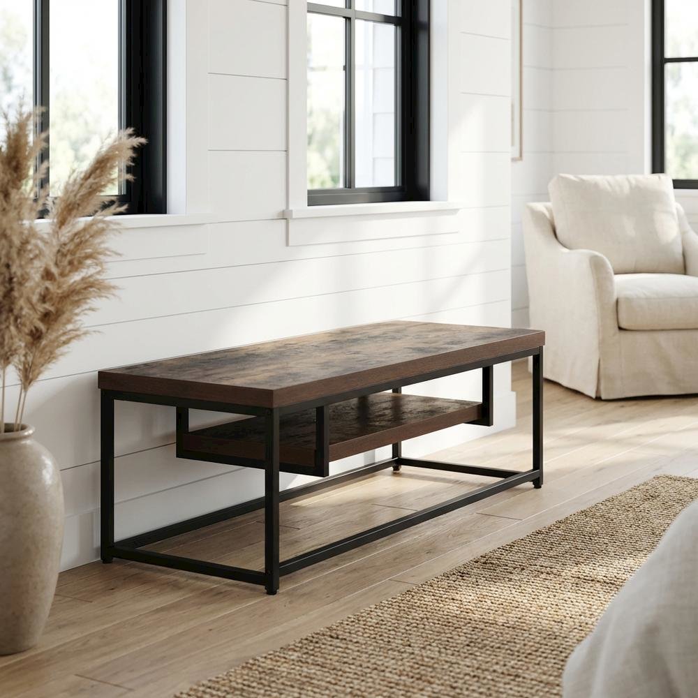 Weathered Oak and Black Metal TV Stand with Storage Compartments