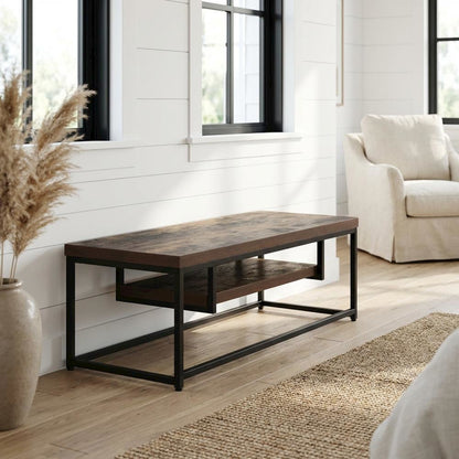 Weathered Oak and Black Metal TV Stand with Storage Compartments