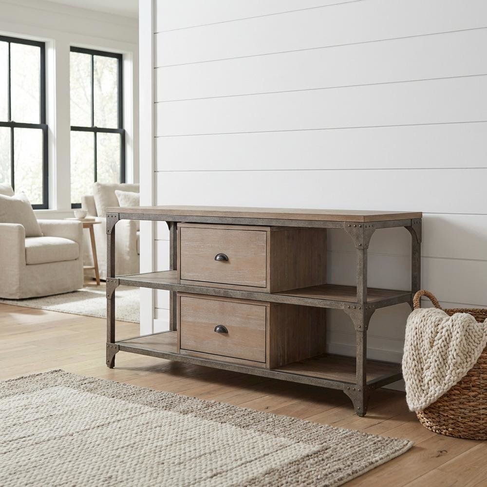 Industrial-style TV stand, Weathered Oak, Antique Silver, metal, wood veneer