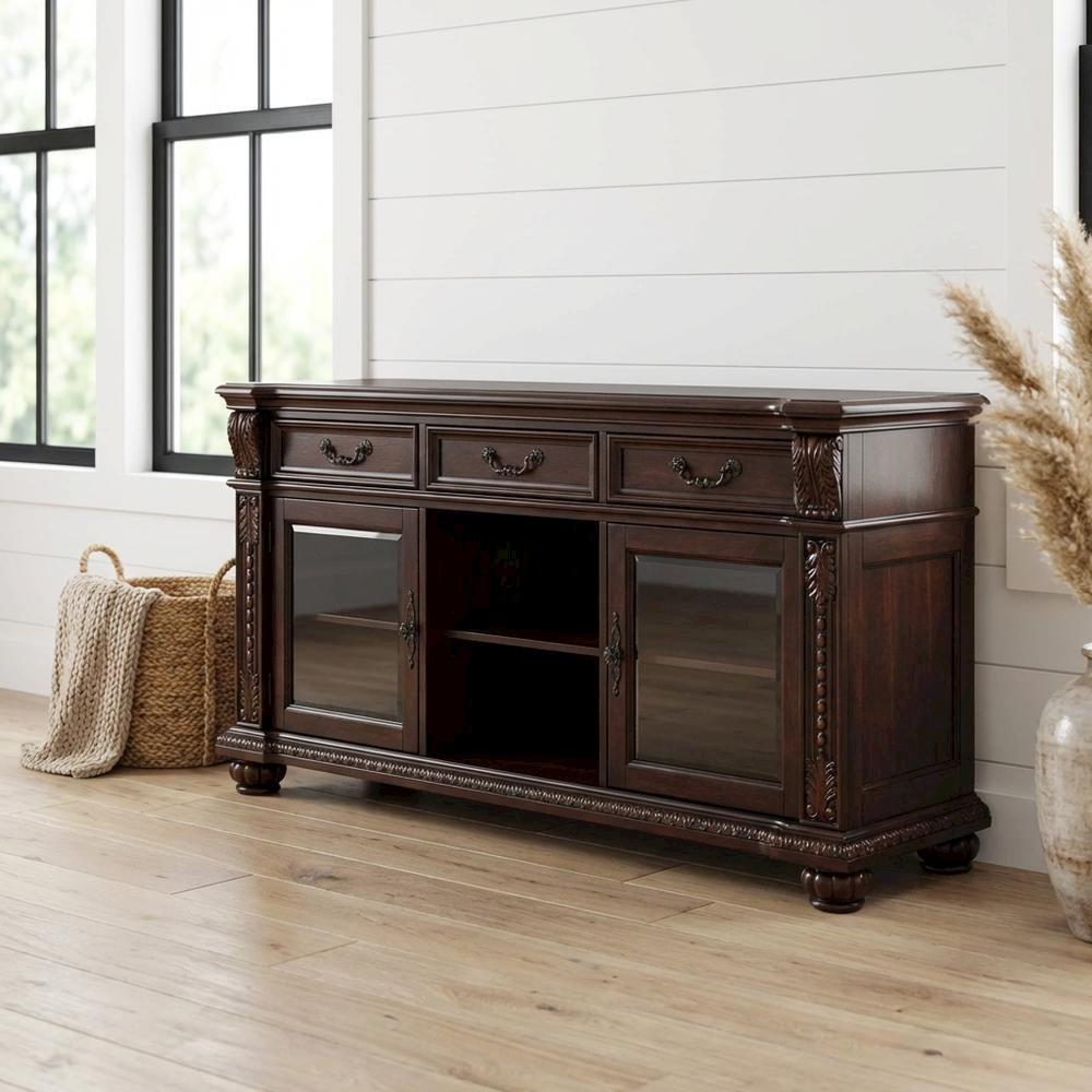 Cherry Wood and Glass TV Stand with Vintage Style and Spacious Design