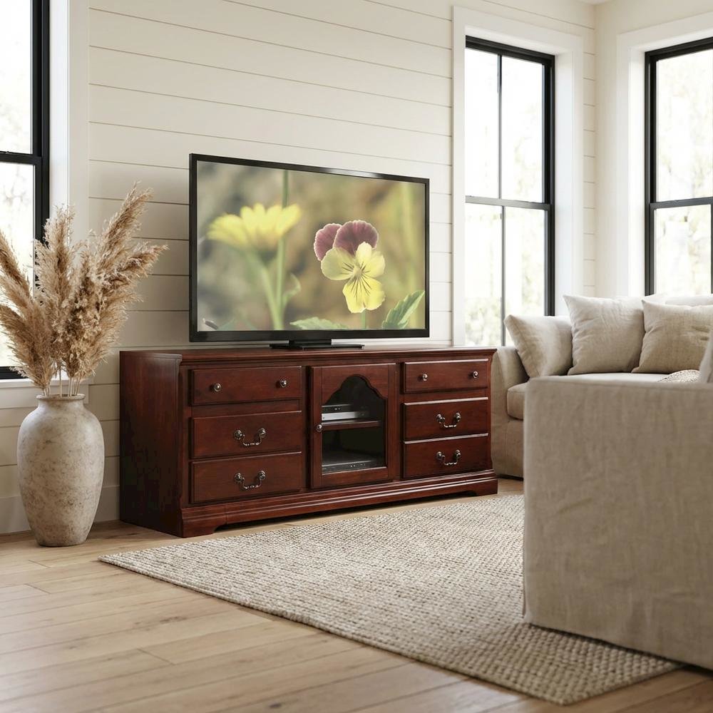 Cherry wood TV stand with sleek modern design and ample storage