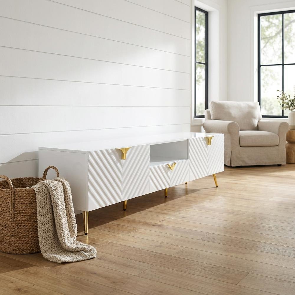 White Gloss Finish TV Stand with Rubberwood and Walnut Veneers for Modern Living