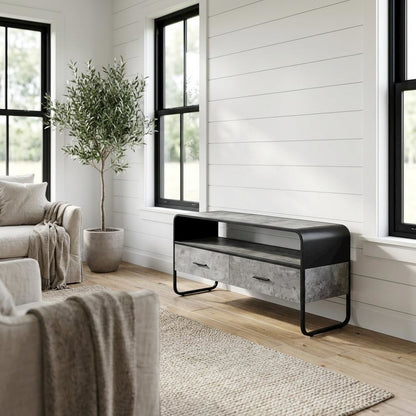 Industrial-style TV stand, concrete gray, black finish, made from particleboard