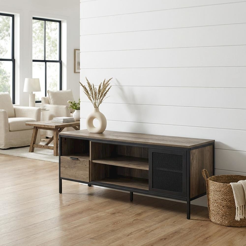Industrial-style TV stand in Rustic Oak and Black finish with metal accents