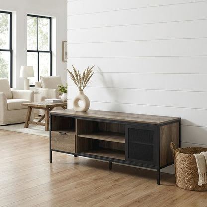 Industrial-style TV stand in Rustic Oak and Black finish with metal accents