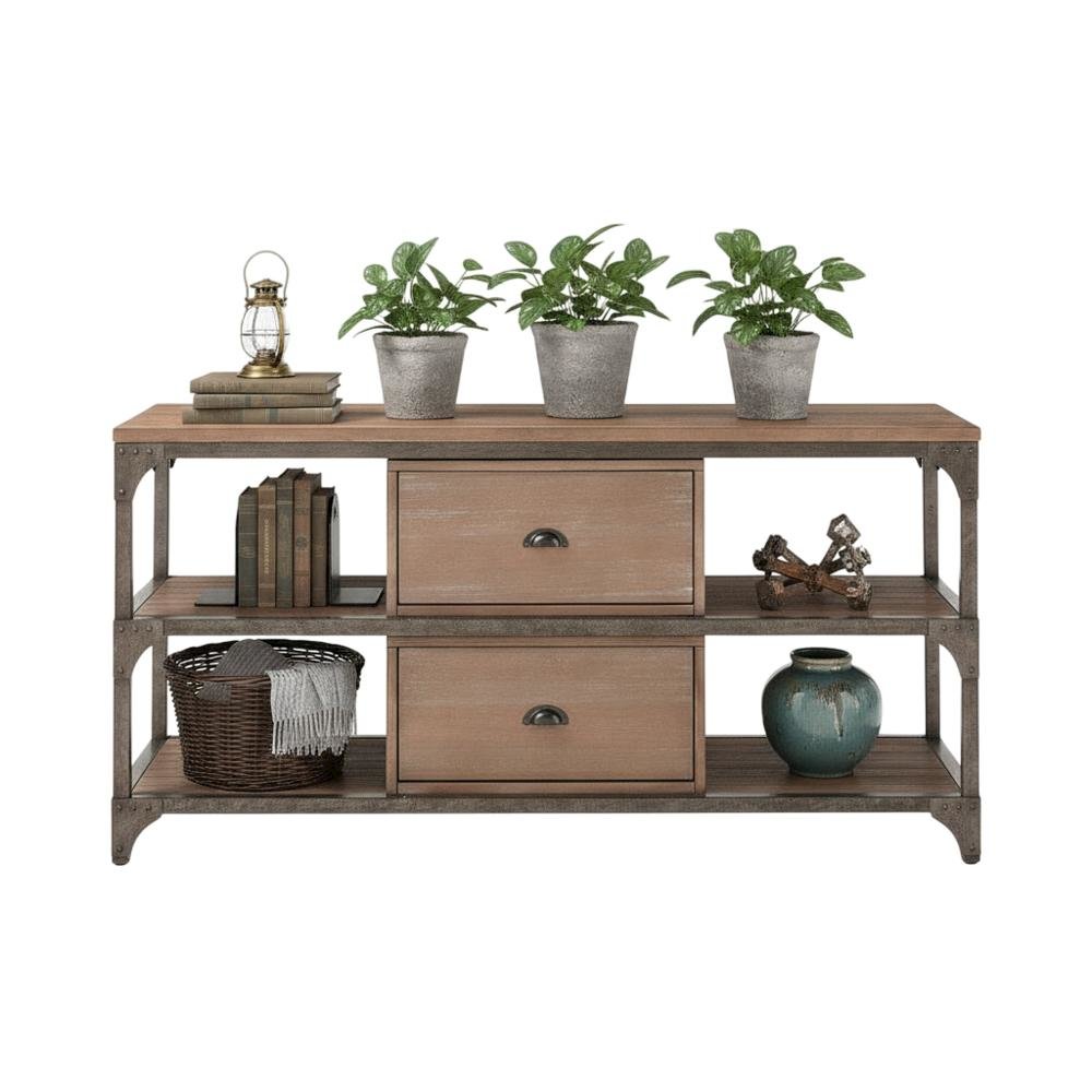 Industrial-style TV stand, Weathered Oak, Antique Silver, metal, wood veneer