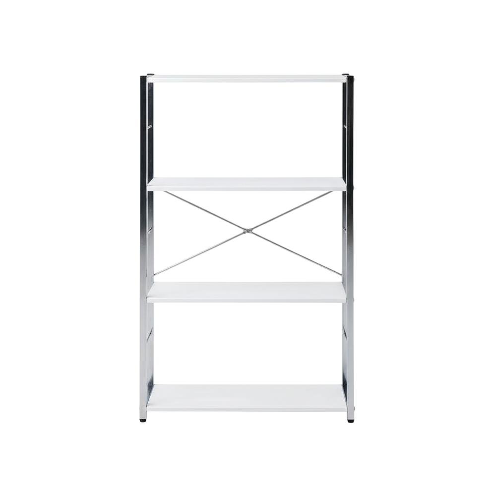 White bookcase with sleek chrome details and modern design