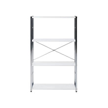 White bookcase with sleek chrome details and modern design