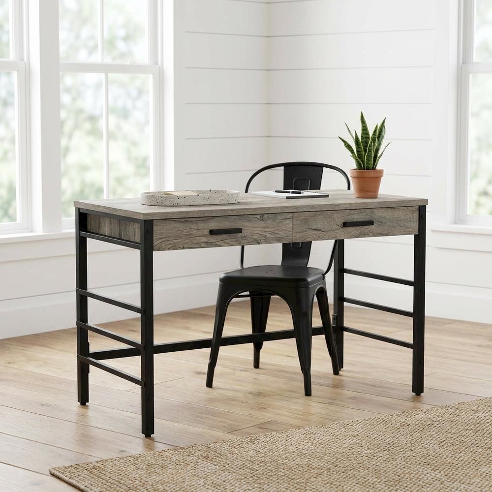 Light Weathered Oak And Black Finish Office Desk With Built-In Usb Port