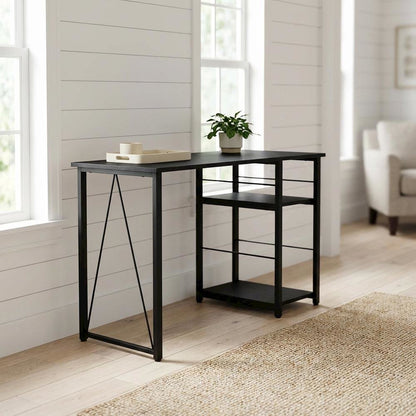 Black Writing Desk, Wood Veneer Surface, Sturdy Particle Board And Metal Frame