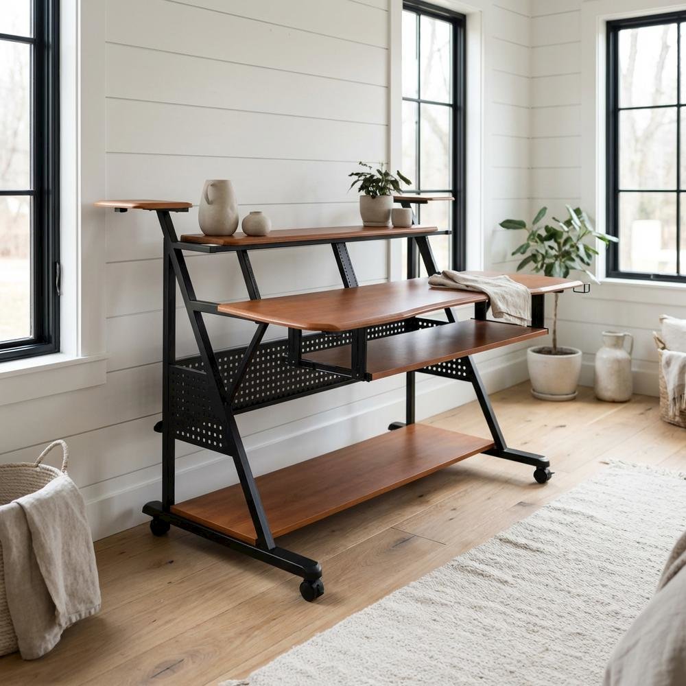 Industrial Style Office Desk With Cherry And Black Finish