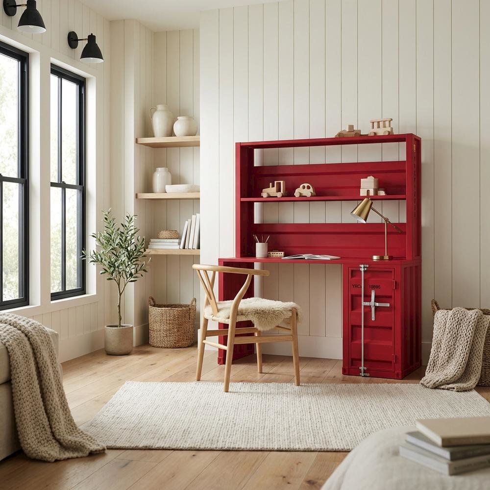 Red Cargo Desk And Hutch With Spacious Workspace And Storage Options