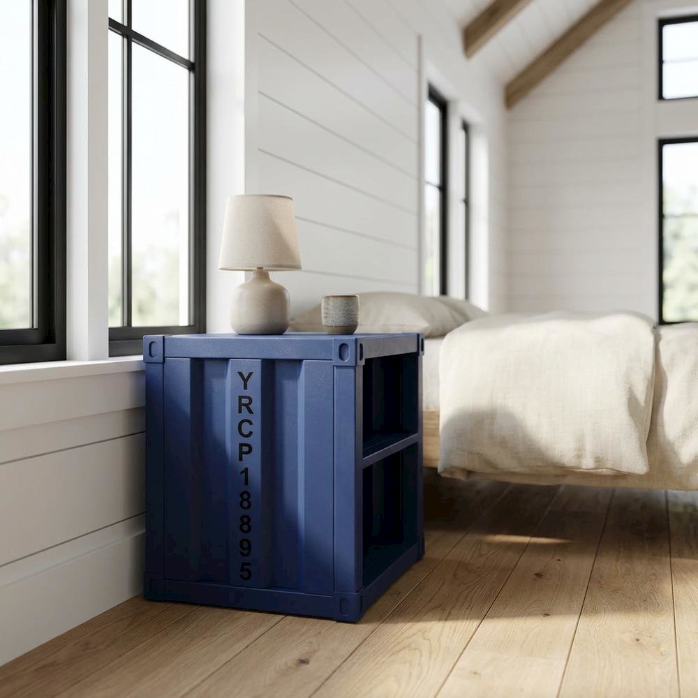 Blue metal nightstand with USB port and modern design