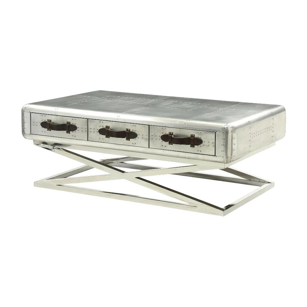 Aluminum Coffee Table with Top Grain Leather Surface and Durable Frame