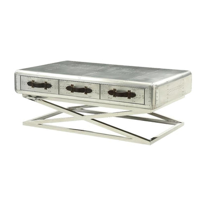 Aluminum Coffee Table with Top Grain Leather Surface and Durable Frame