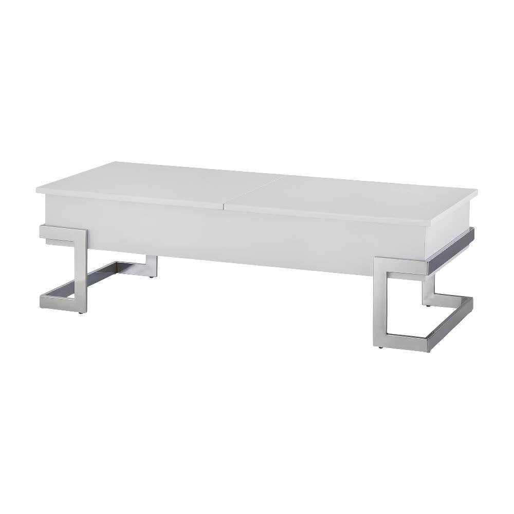 White High Gloss Coffee Table with Chrome Lift Top and Metal Wood Design