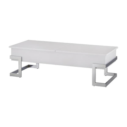 White High Gloss Coffee Table with Chrome Lift Top and Metal Wood Design