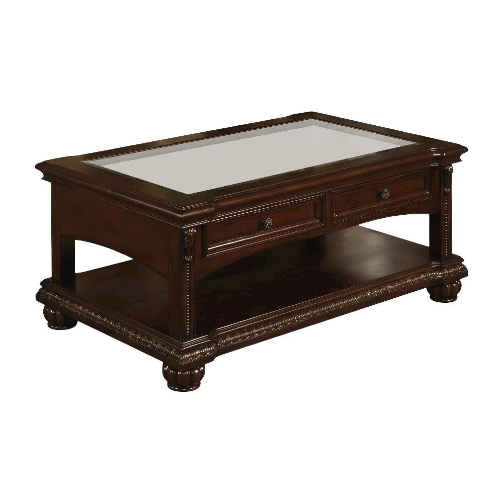 Cherry Finish Coffee Table with Glass Top and Wood Veneer Durable Design
