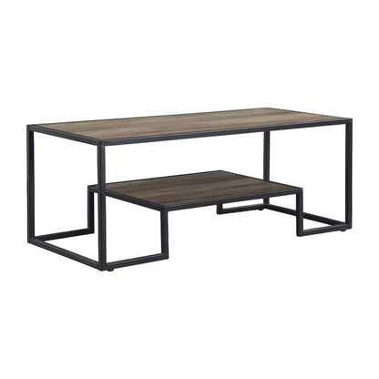 Rustic Oak Multi-Color Coffee Table with Black Metal Base and Veneer Surface