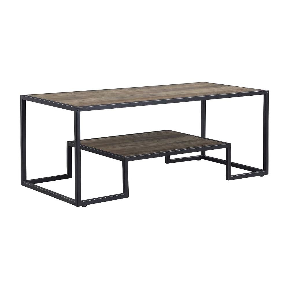 Rustic Oak Multi-Color Coffee Table with Black Metal Base and Veneer Surface
